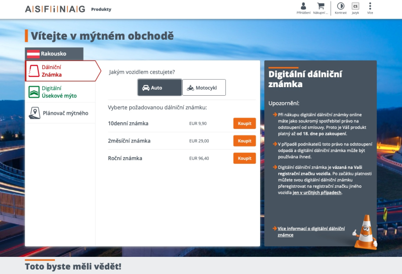 oficiální rakouský e-shop ASFINAG pro dálniční známky